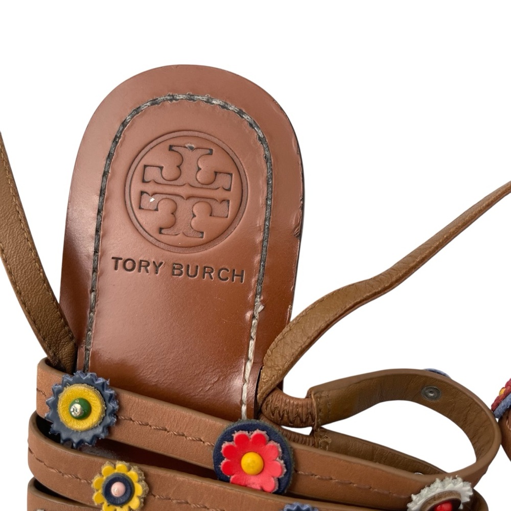 Tory Burch Brown Leather Sandals with Colorful Floral Accents - Picture 3 of 10